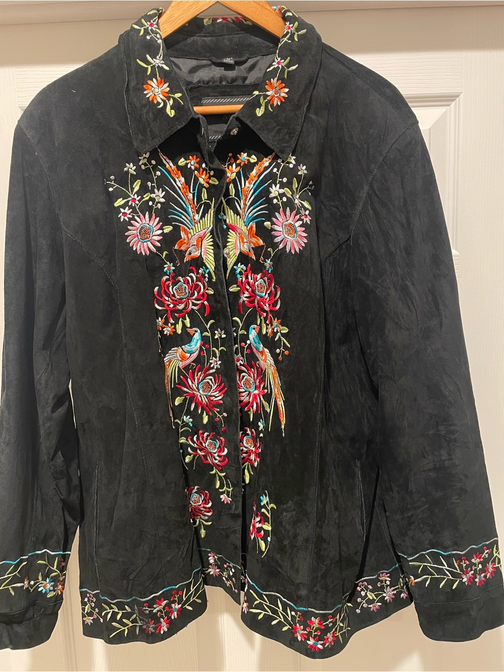 Vintage Avanti Black Suede Jacket with Colorful Floral & Bird Embroidery